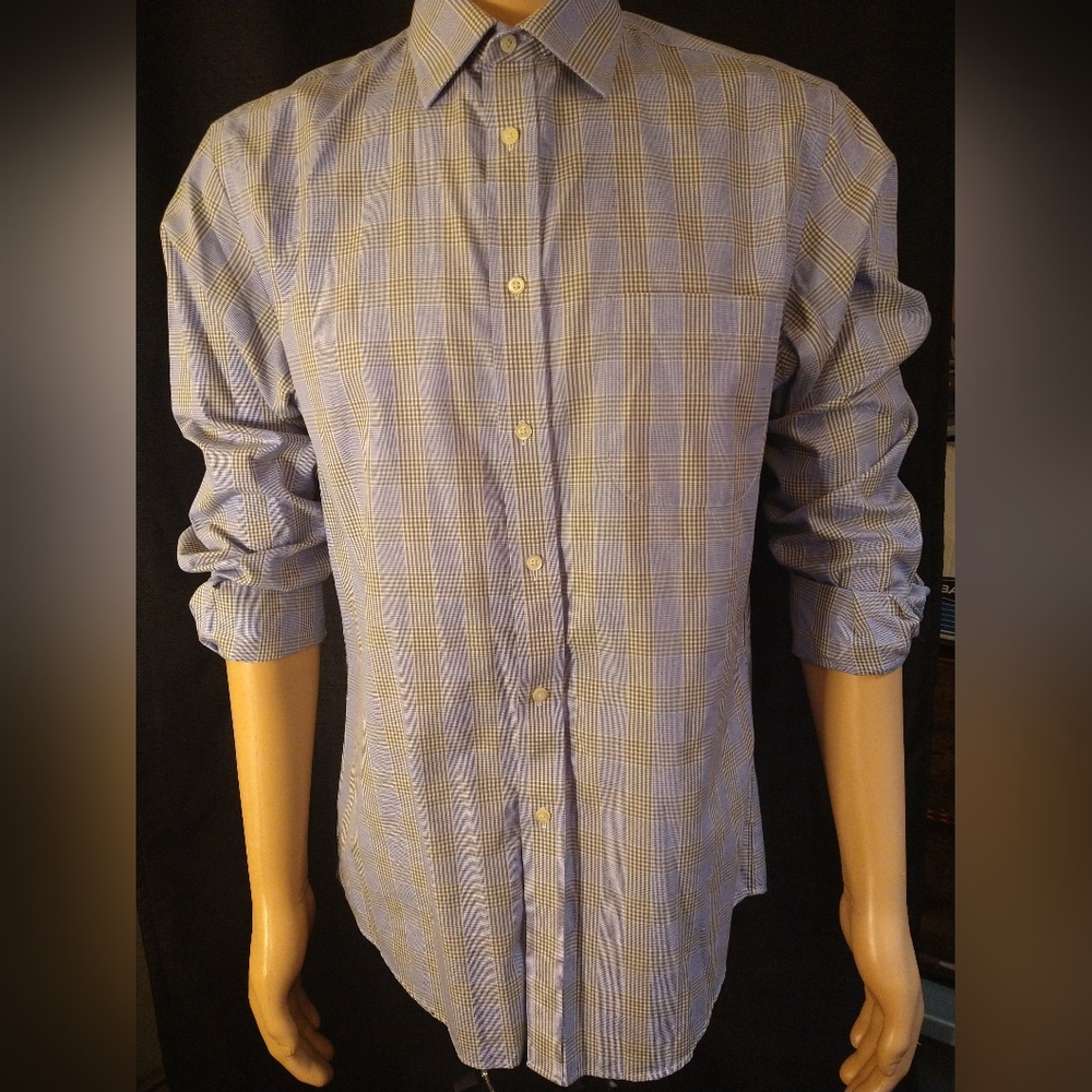 Jos A Bank windowpane button up shirt point collar blue gray and white